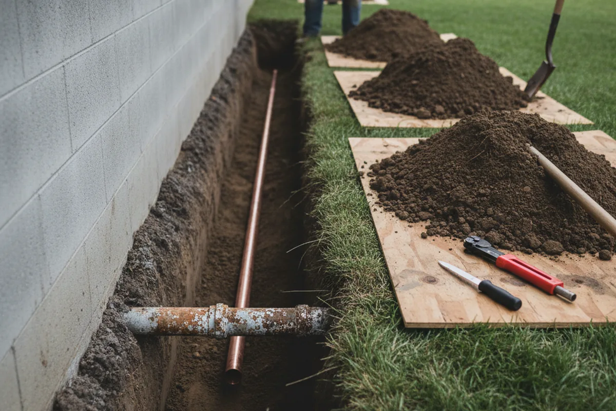 Excavated water line trench during Water Heater Repair in Wauregan